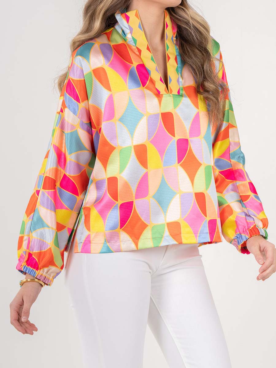 Stand Collar Printed Long Sleeve Top