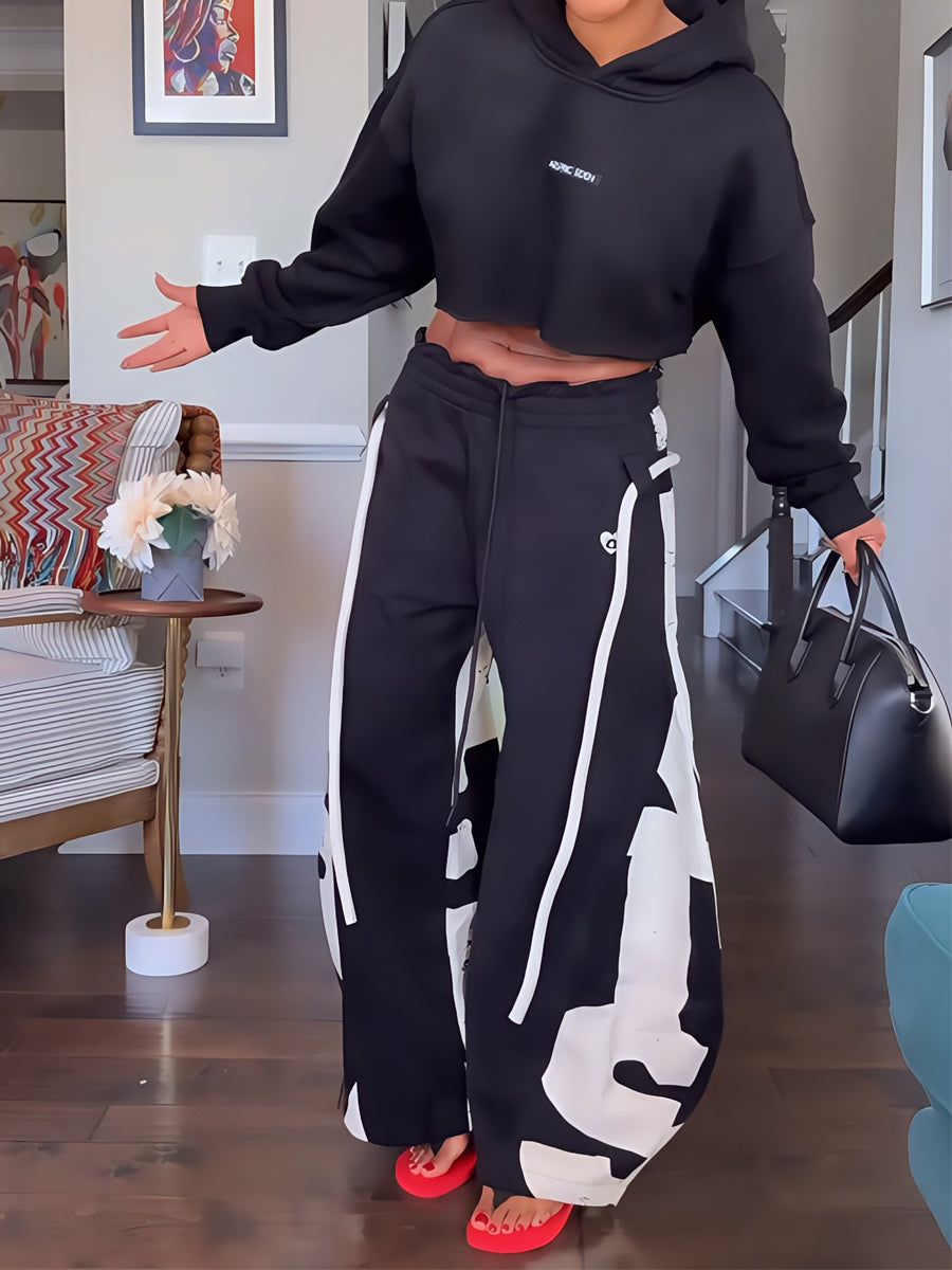 Elastic Waist Printed Hoodie & Lantern Trouser Suit