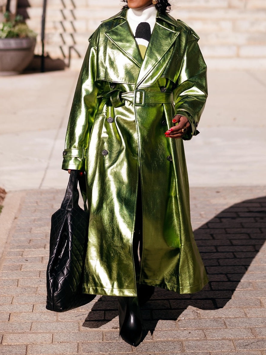 Metallic Belted Double Breasted Faux Leather Coat
