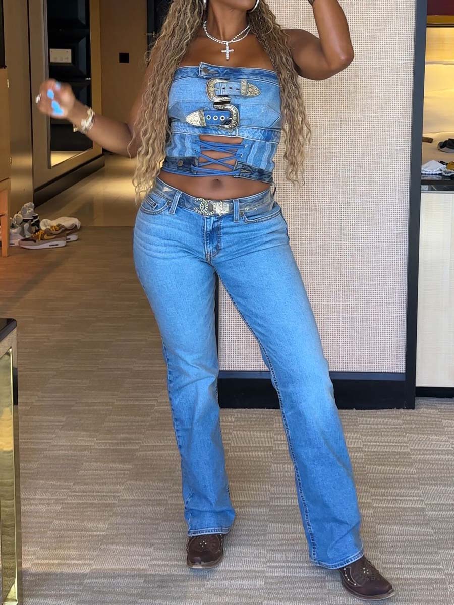 Denim Sleeveless Drawstring Top