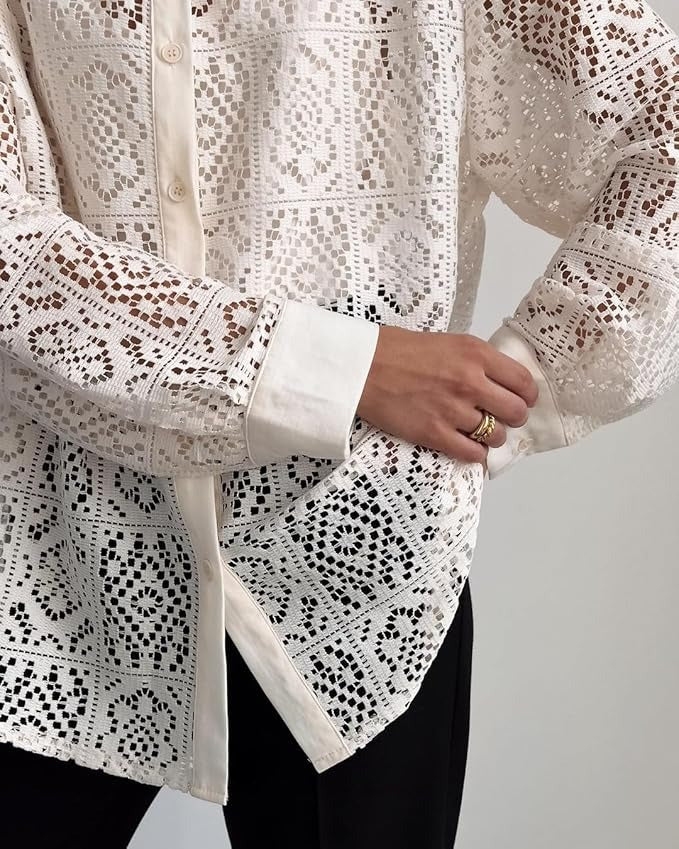 Long Sleeve Lace Button Shirt Top