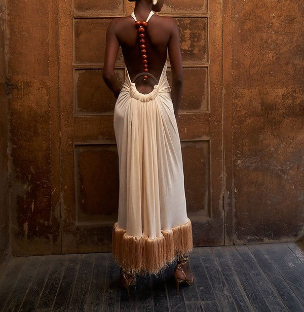 Cutout Back Jewel Embellishment Fringed Hem Dress