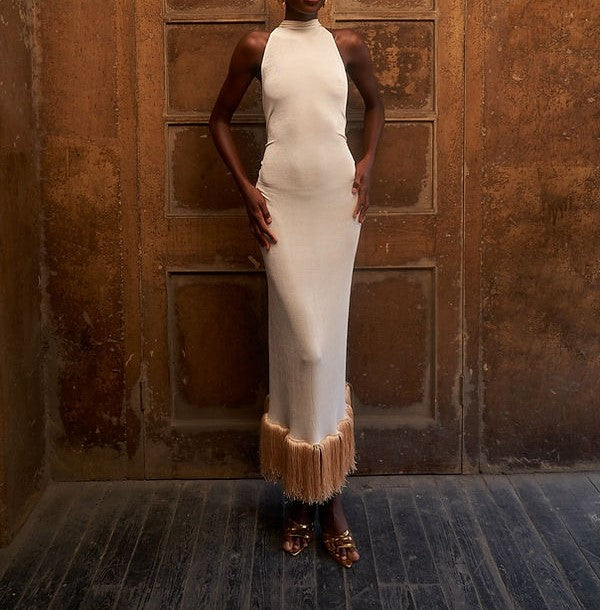 Cutout Back Jewel Embellishment Fringed Hem Dress