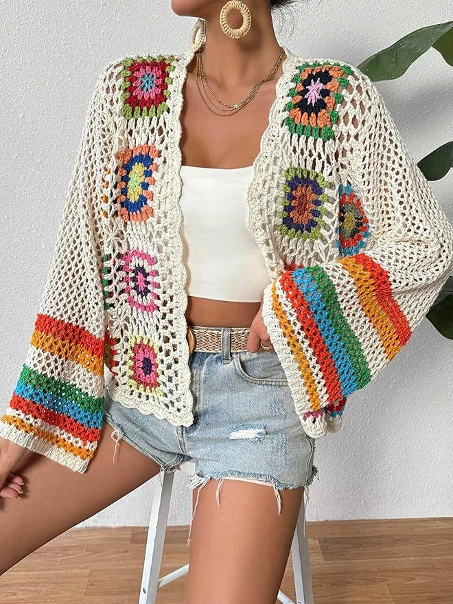 Women's Floral Crochet Cardigan Hollow Front Long Sleeve Cardigan