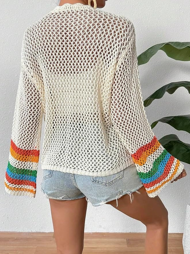 Women's Floral Crochet Cardigan Hollow Front Long Sleeve Cardigan
