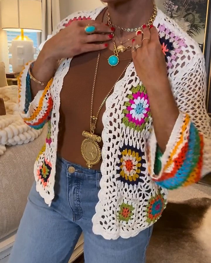 Women's Floral Crochet Cardigan Hollow Front Long Sleeve Cardigan