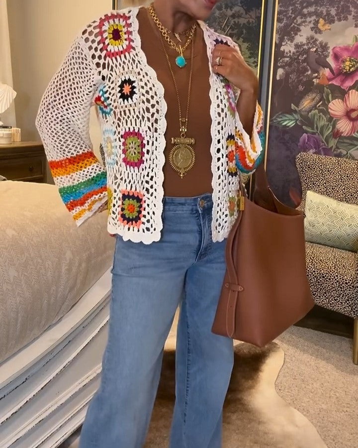 Women's Floral Crochet Cardigan Hollow Front Long Sleeve Cardigan