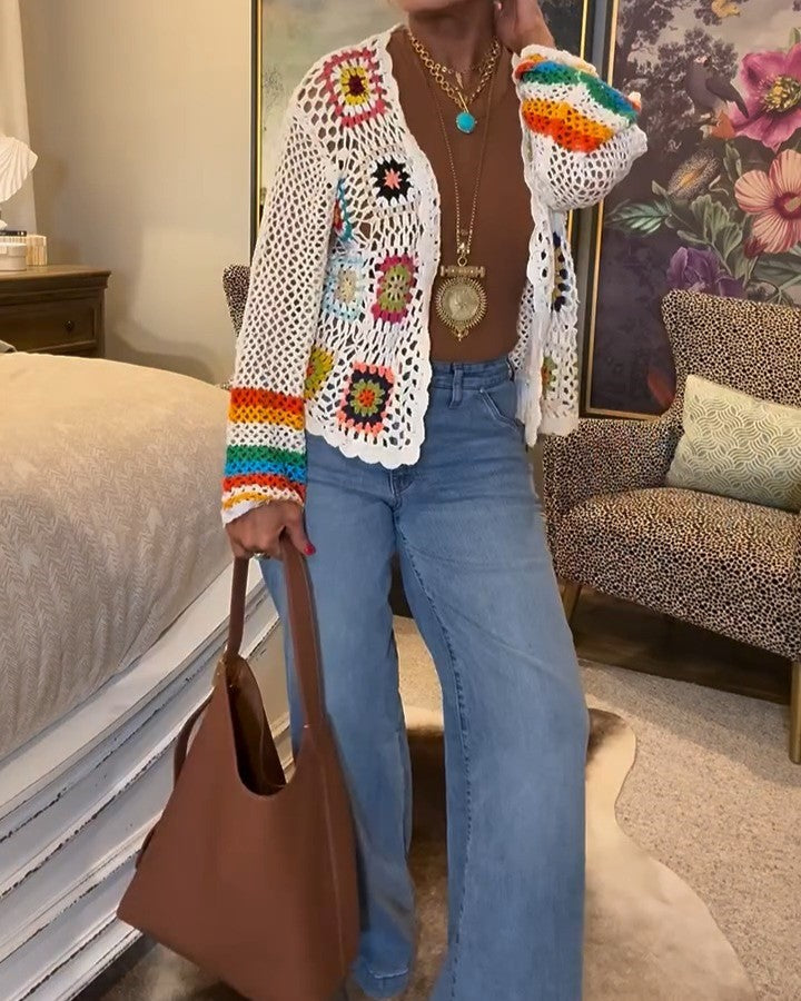 Women's Floral Crochet Cardigan Hollow Front Long Sleeve Cardigan
