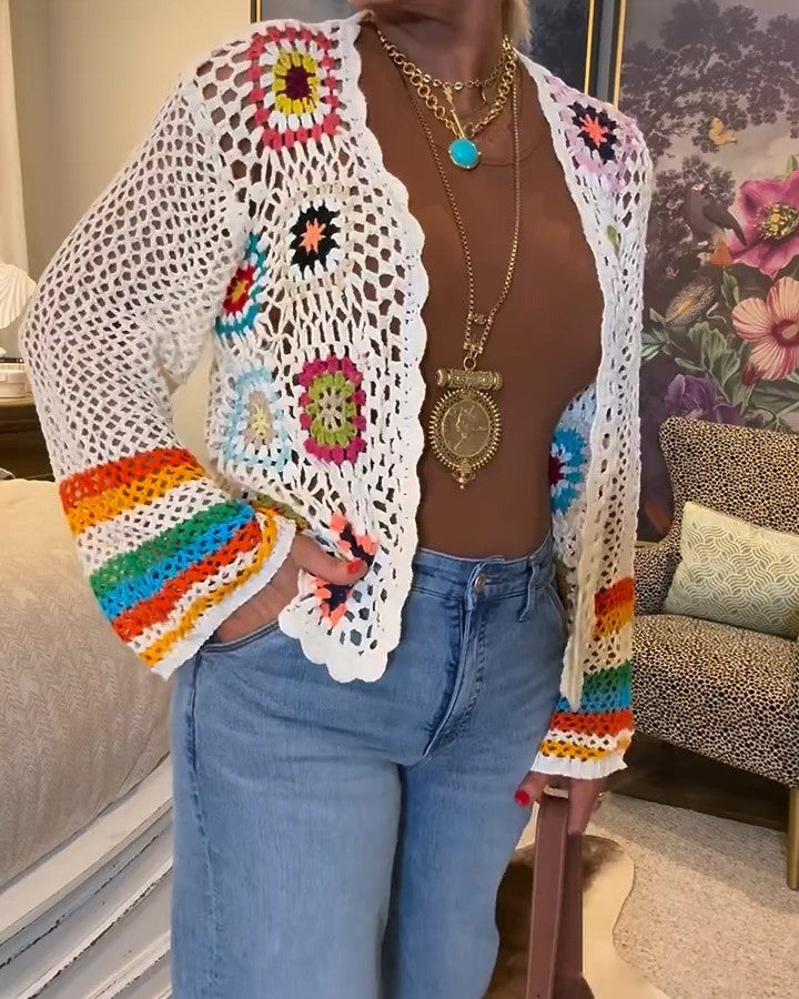 Women's Floral Crochet Cardigan Hollow Front Long Sleeve Cardigan