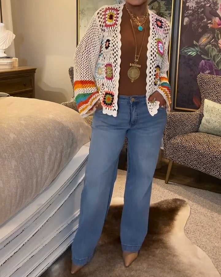 Women's Floral Crochet Cardigan Hollow Front Long Sleeve Cardigan