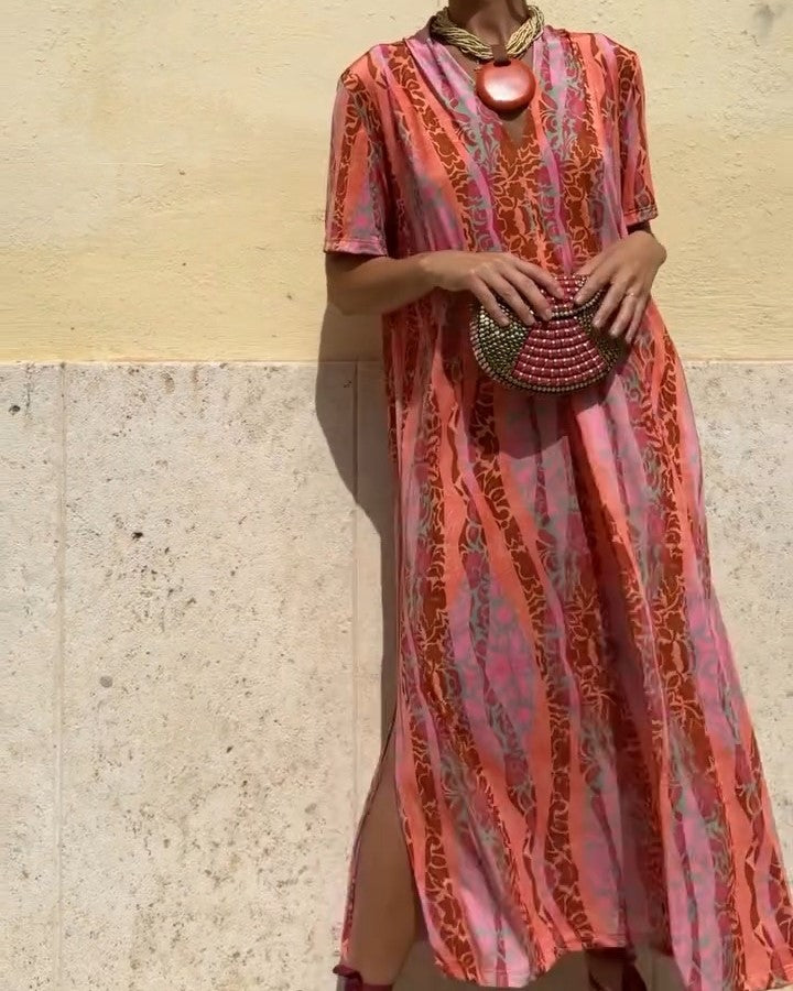 Orange Printed V-Neck Cold Silk Short Sleeve Dress