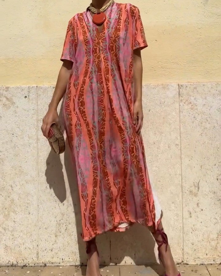 Orange Printed V-Neck Cold Silk Short Sleeve Dress