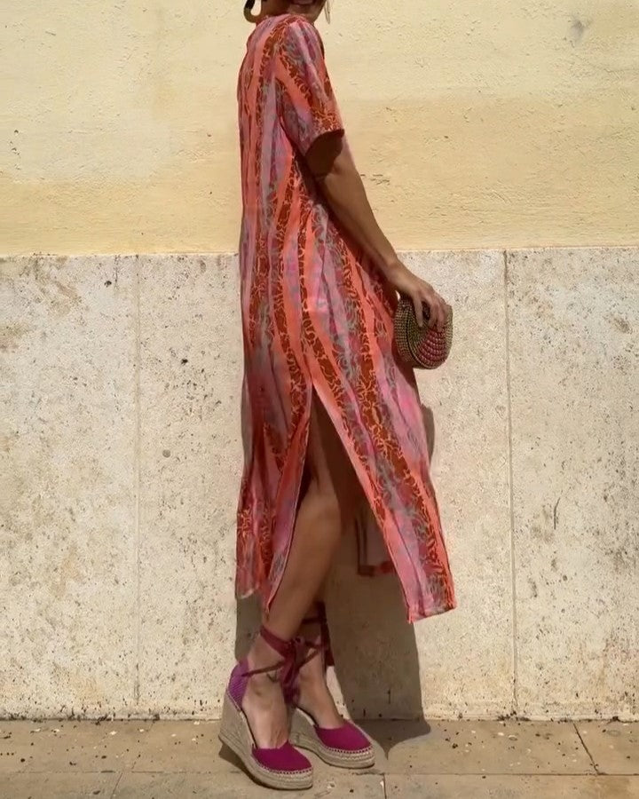 Orange Printed V-Neck Cold Silk Short Sleeve Dress