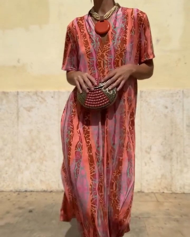 Orange Printed V-Neck Cold Silk Short Sleeve Dress