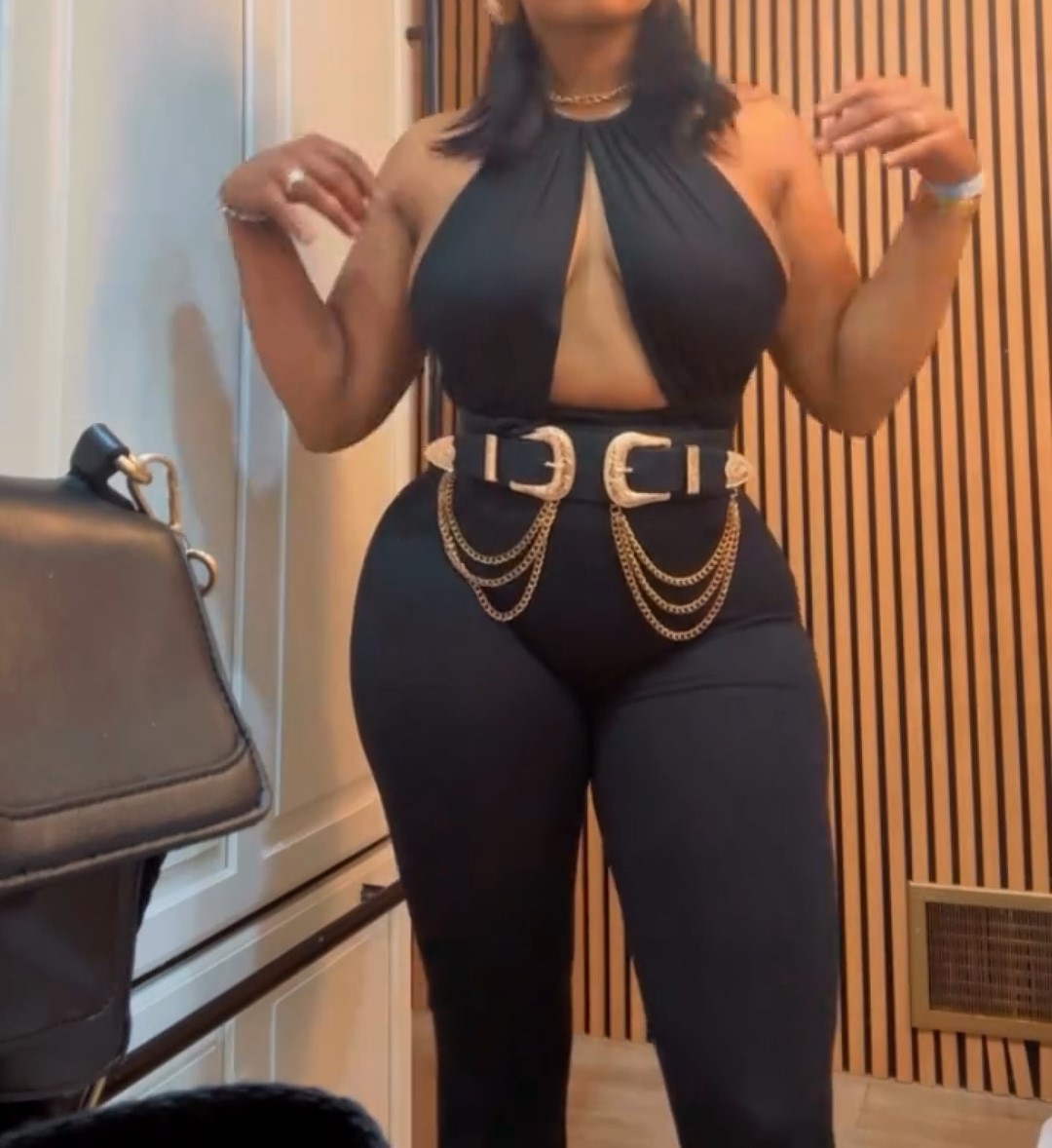 Black Jumpsuit With Gold Chain Detail And Waistband