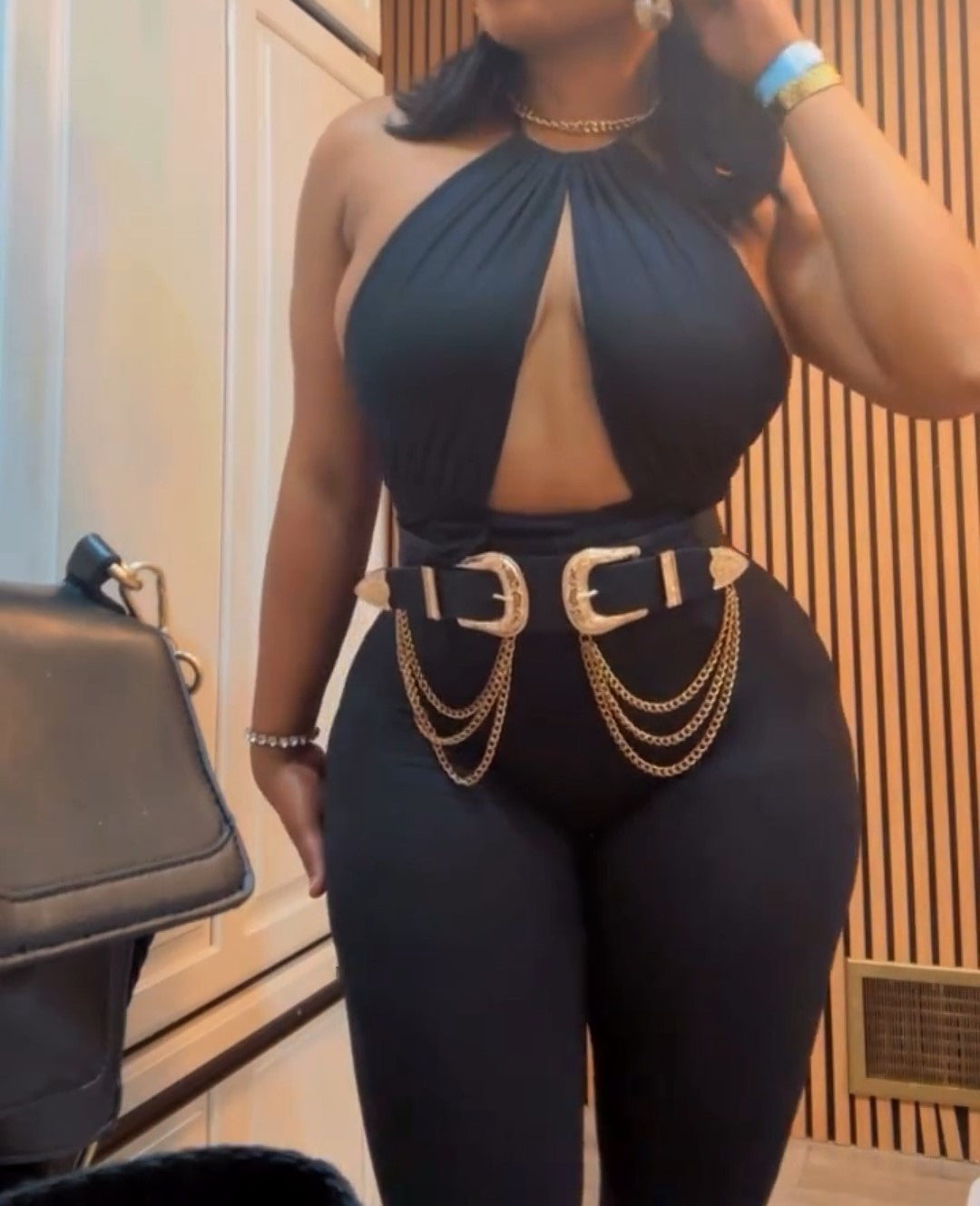 Black Jumpsuit With Gold Chain Detail And Waistband