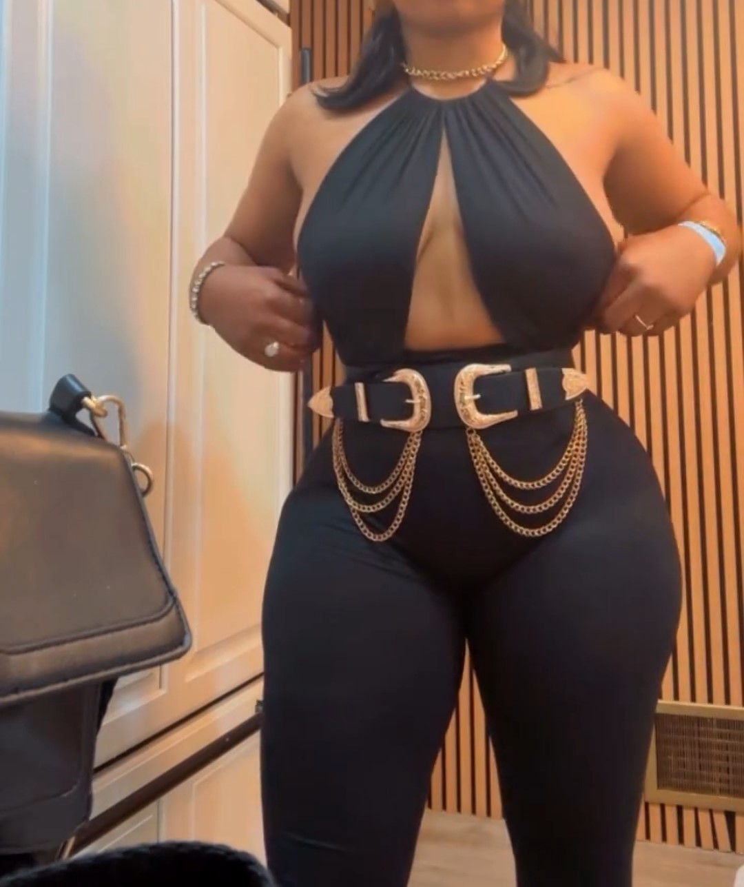 Black Jumpsuit With Gold Chain Detail And Waistband
