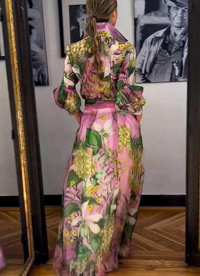 Loose V Neck Floral And Belt Maxi Dress With Pockets