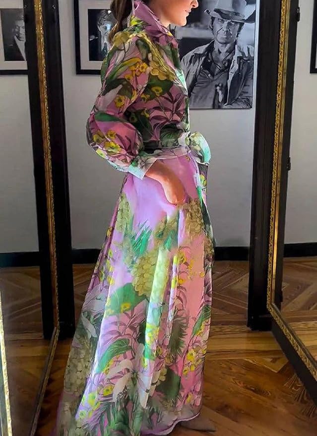 Loose V Neck Floral And Belt Maxi Dress With Pockets