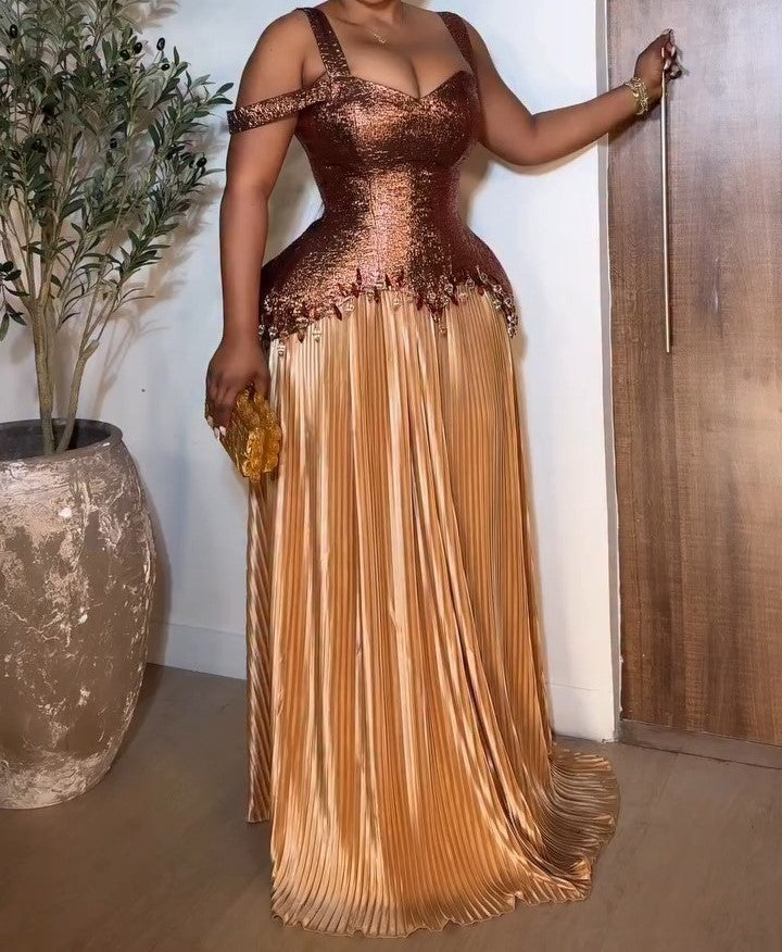 Golden Silk Suspender Tube Top Maxi Dress