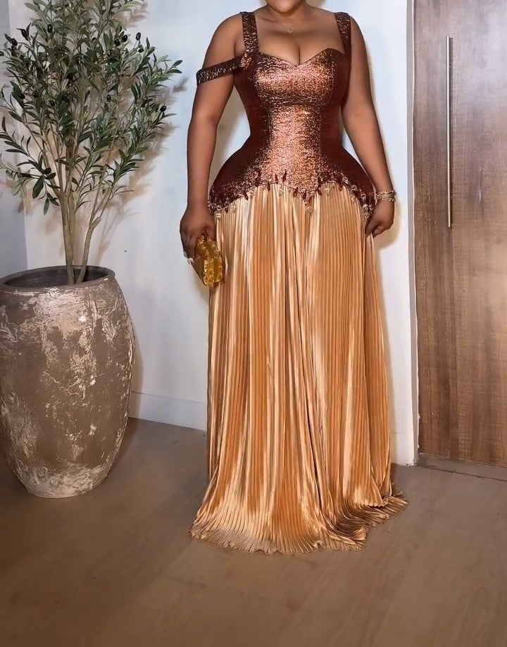 Golden Silk Suspender Tube Top Maxi Dress