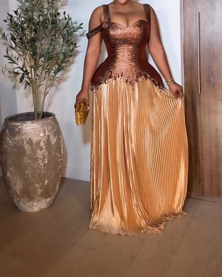 Golden Silk Suspender Tube Top Maxi Dress