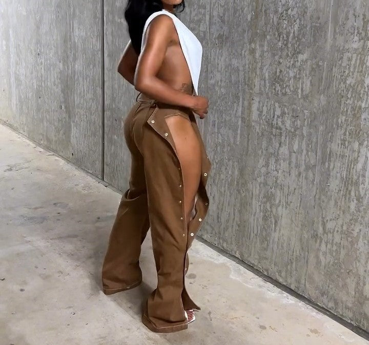 Brown Slit Button-Down Pants