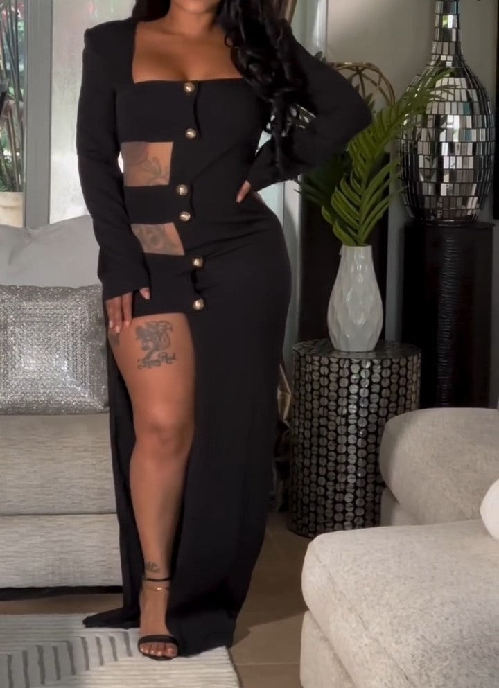Black Square Neckline High Splits Dress