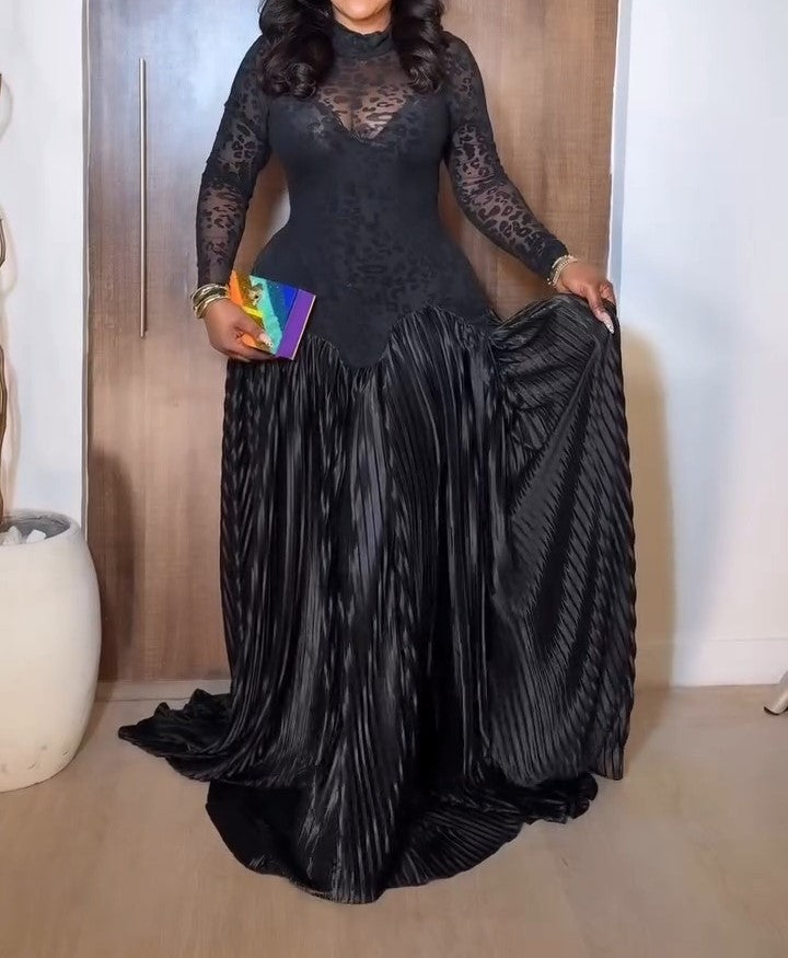 Black Lace Long-sleeved Maxi Dress