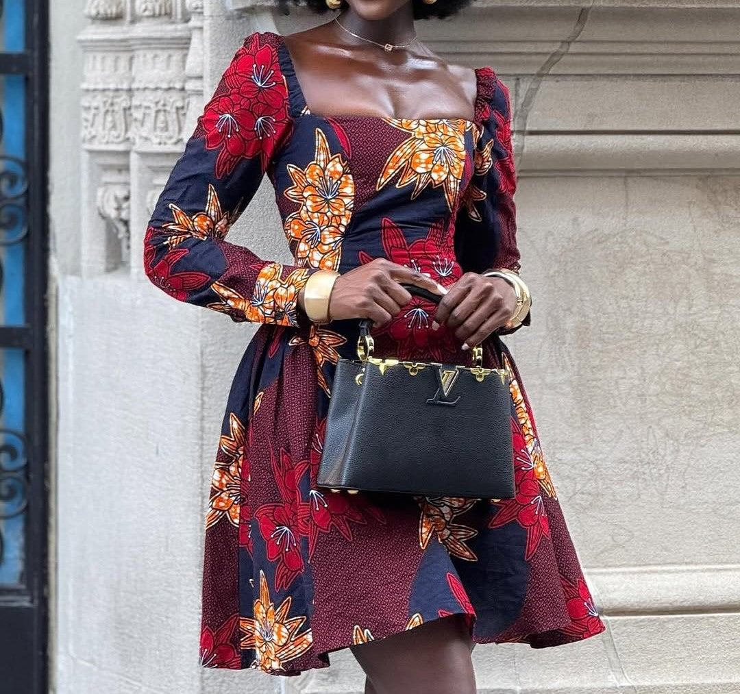 Square Neck Long Sleeve Printed Dress