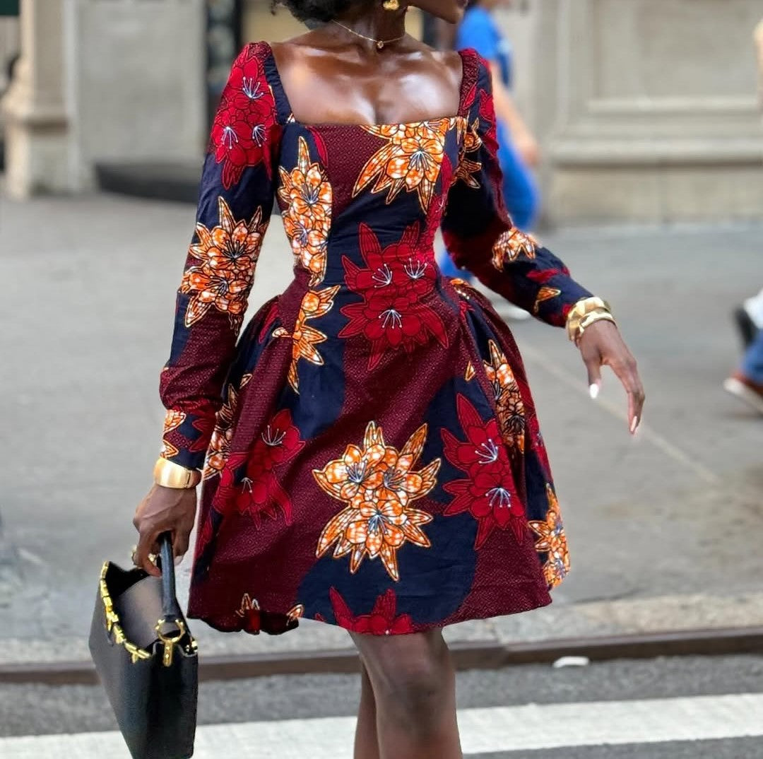Square Neck Long Sleeve Printed Dress