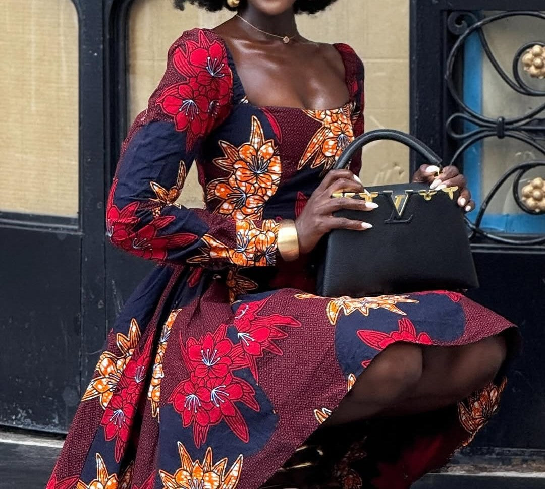 Square Neck Long Sleeve Printed Dress