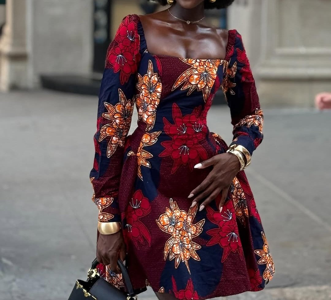 Square Neck Long Sleeve Printed Dress