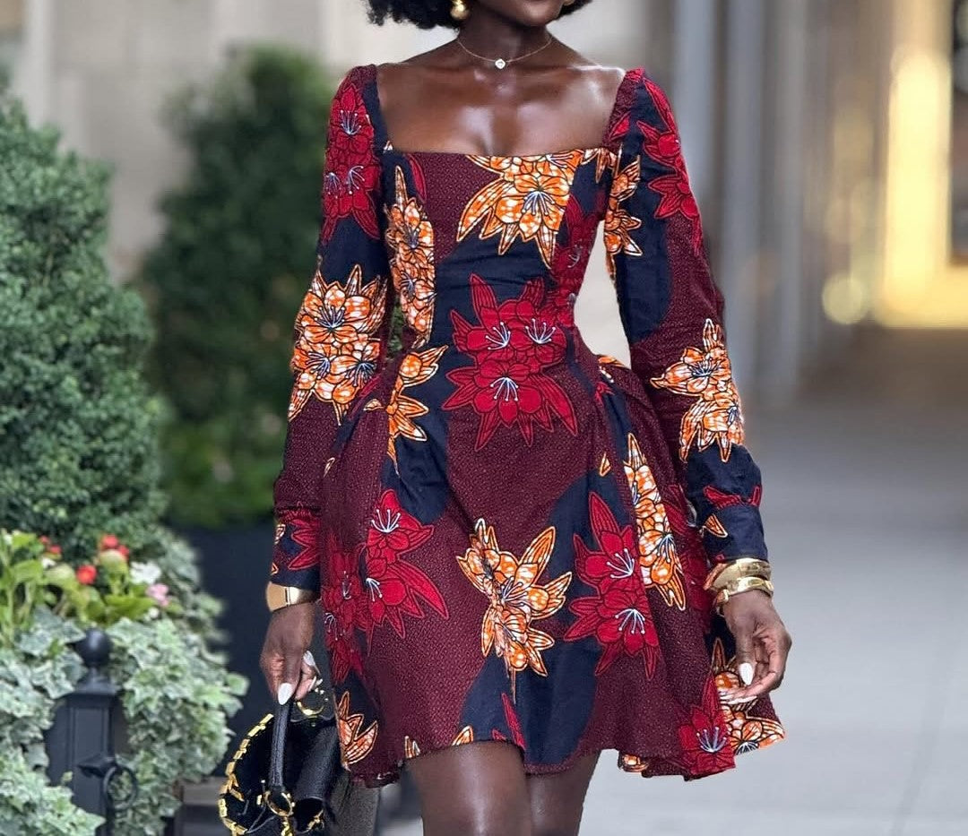 Square Neck Long Sleeve Printed Dress