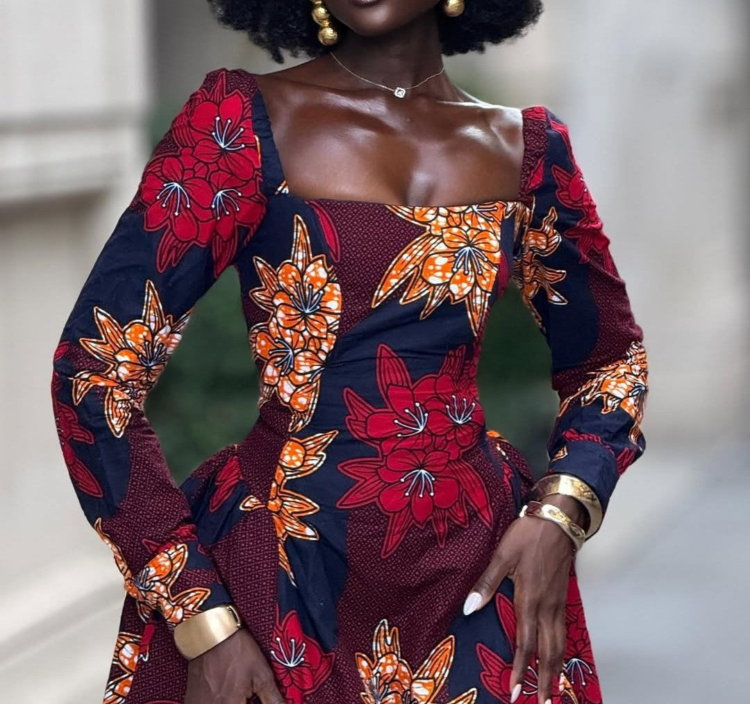 Square Neck Long Sleeve Printed Dress
