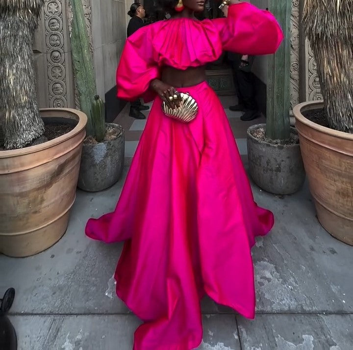 Elegant Pink Long-sleeved Dress Suit