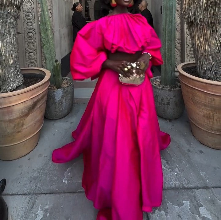 Elegant Pink Long-sleeved Dress Suit