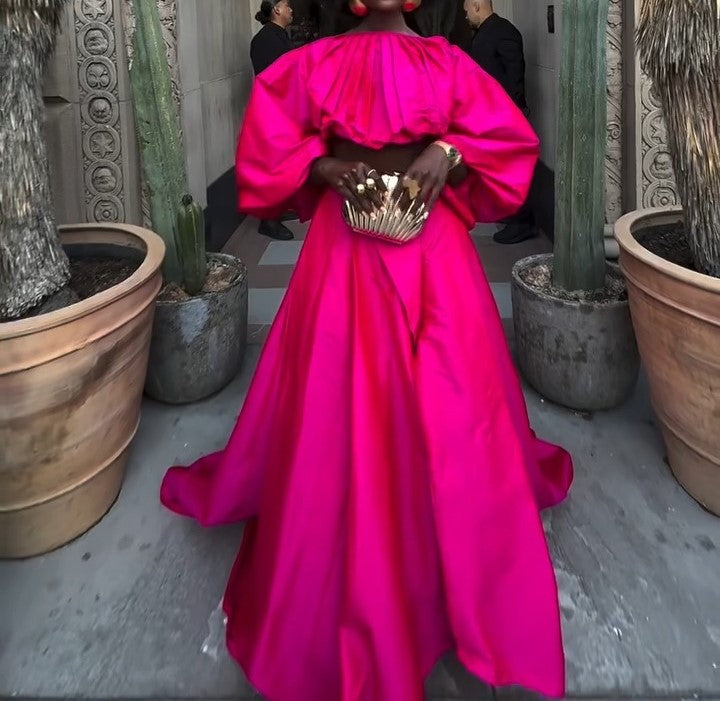 Elegant Pink Long-sleeved Dress Suit