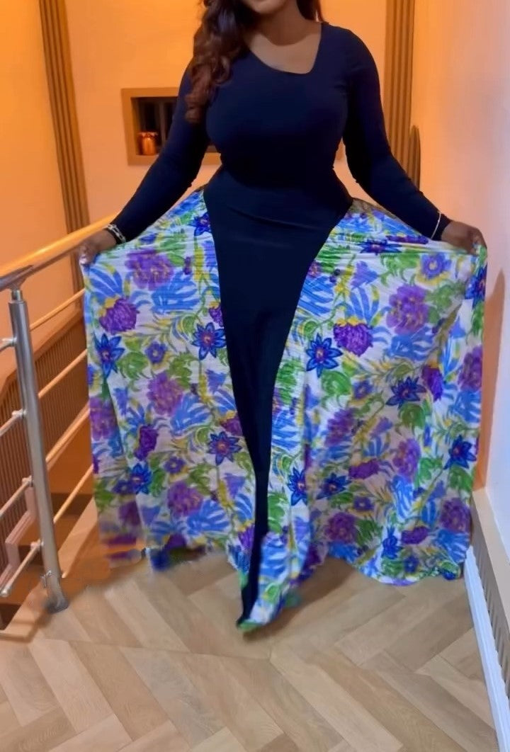 Long-sleeved Maxi Dress With Prints On Both Sides