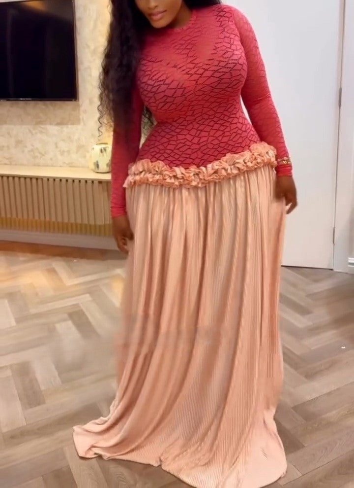 Pink Round Neck Long Sleeve Patchwork Dress