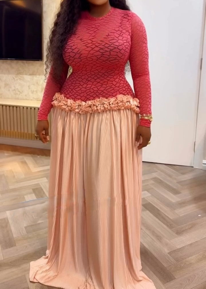 Pink Round Neck Long Sleeve Patchwork Dress