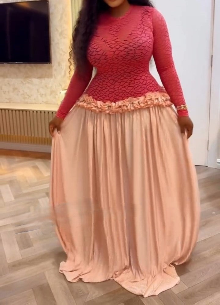 Pink Round Neck Long Sleeve Patchwork Dress