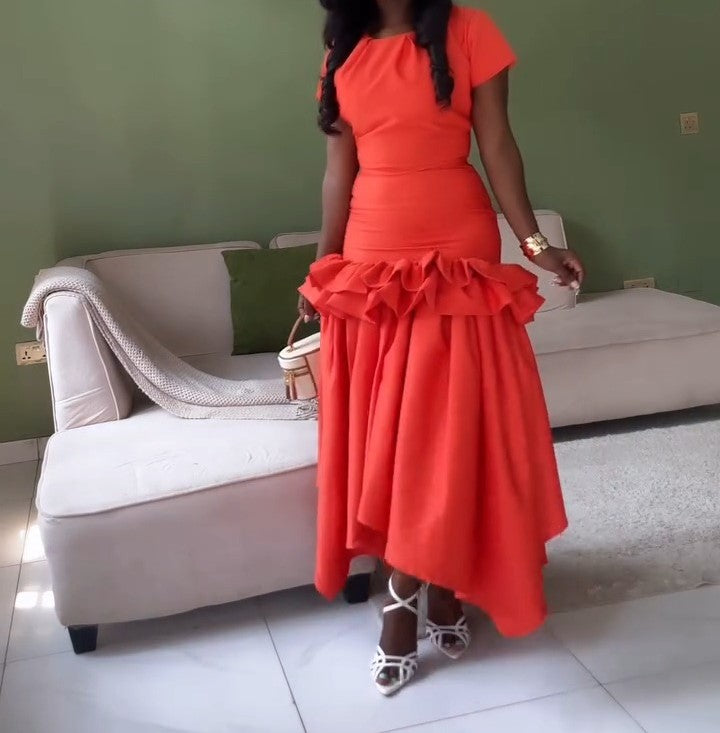 Orange Round Neck Short Sleeve Ruffle Hem Dress