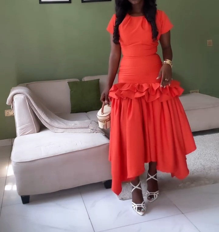 Orange Round Neck Short Sleeve Ruffle Hem Dress