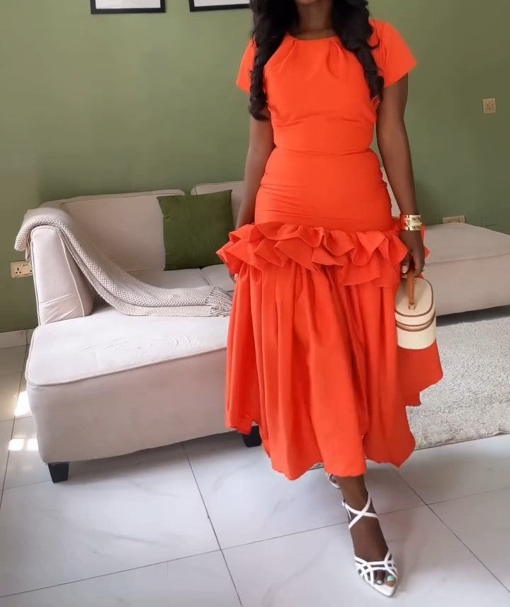 Orange Round Neck Short Sleeve Ruffle Hem Dress