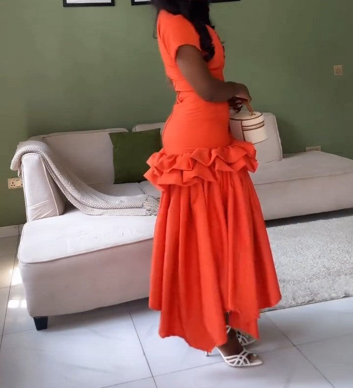 Orange Round Neck Short Sleeve Ruffle Hem Dress