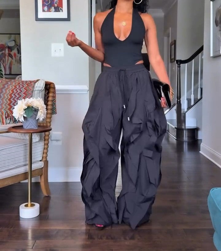 Black Loose Casual Wave Pants