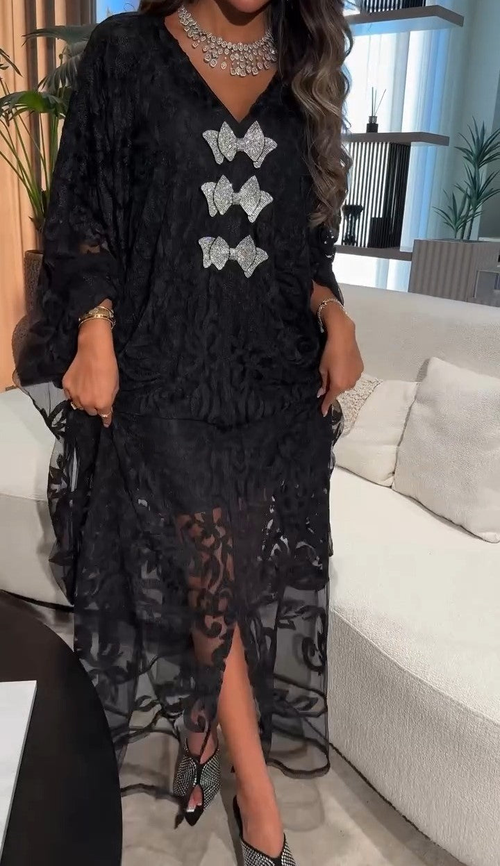 V-neck Loose Black Lace Dress
