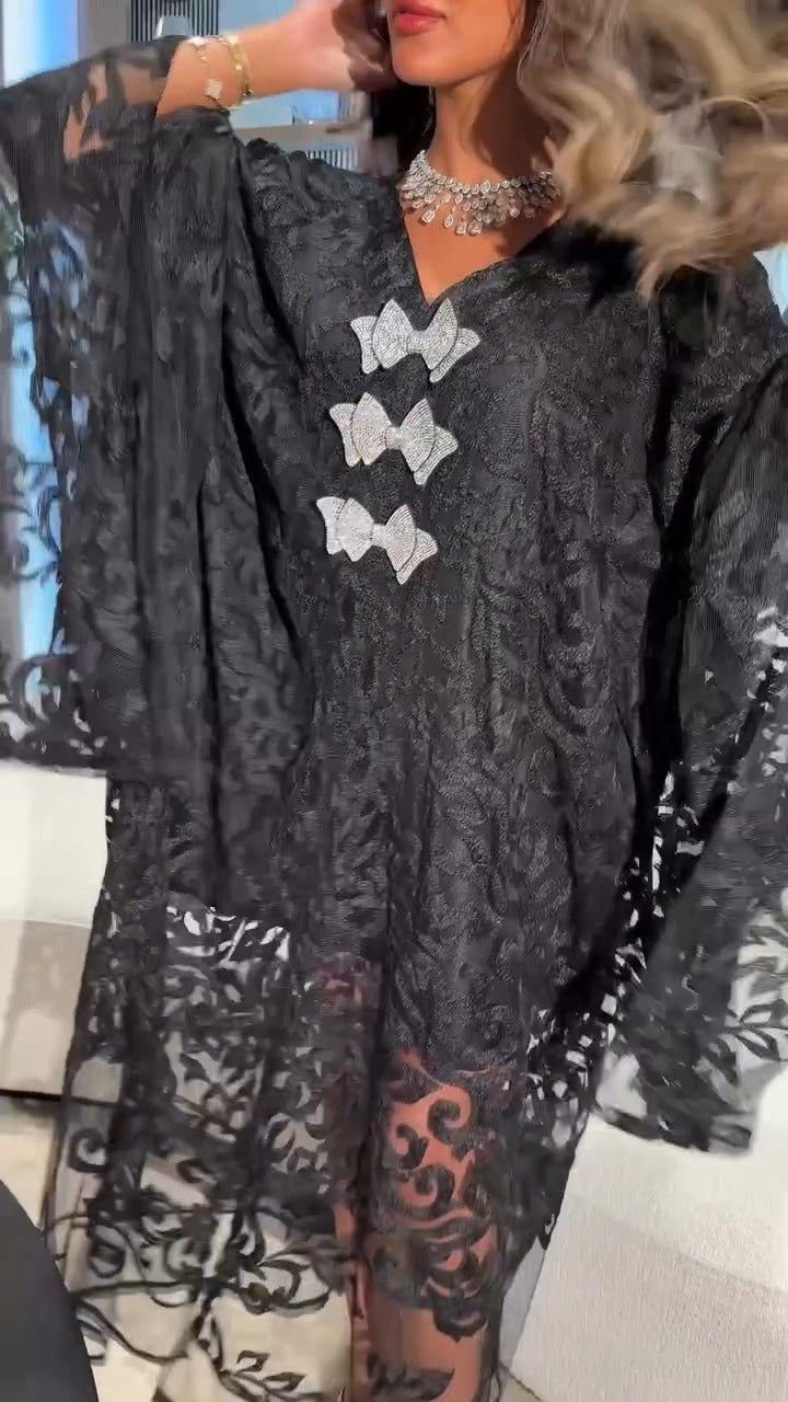 V-neck Loose Black Lace Dress