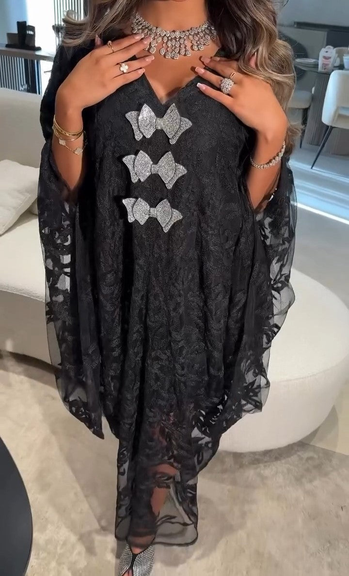 V-neck Loose Black Lace Dress